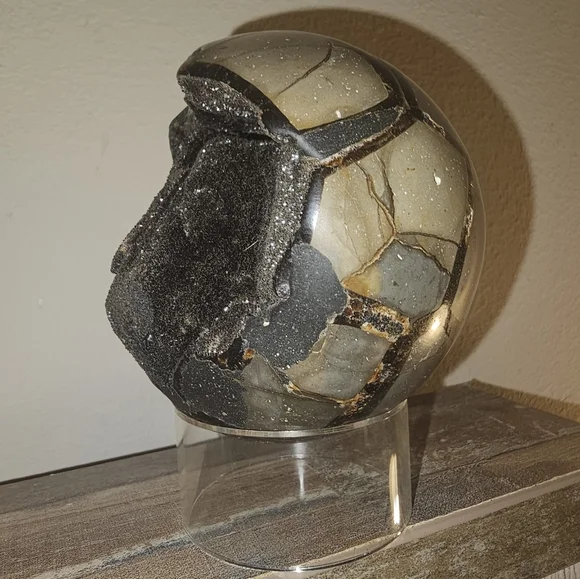 3.9" Septarian Polished Geode Sphere- Madagascar! - Picture 8 of 13